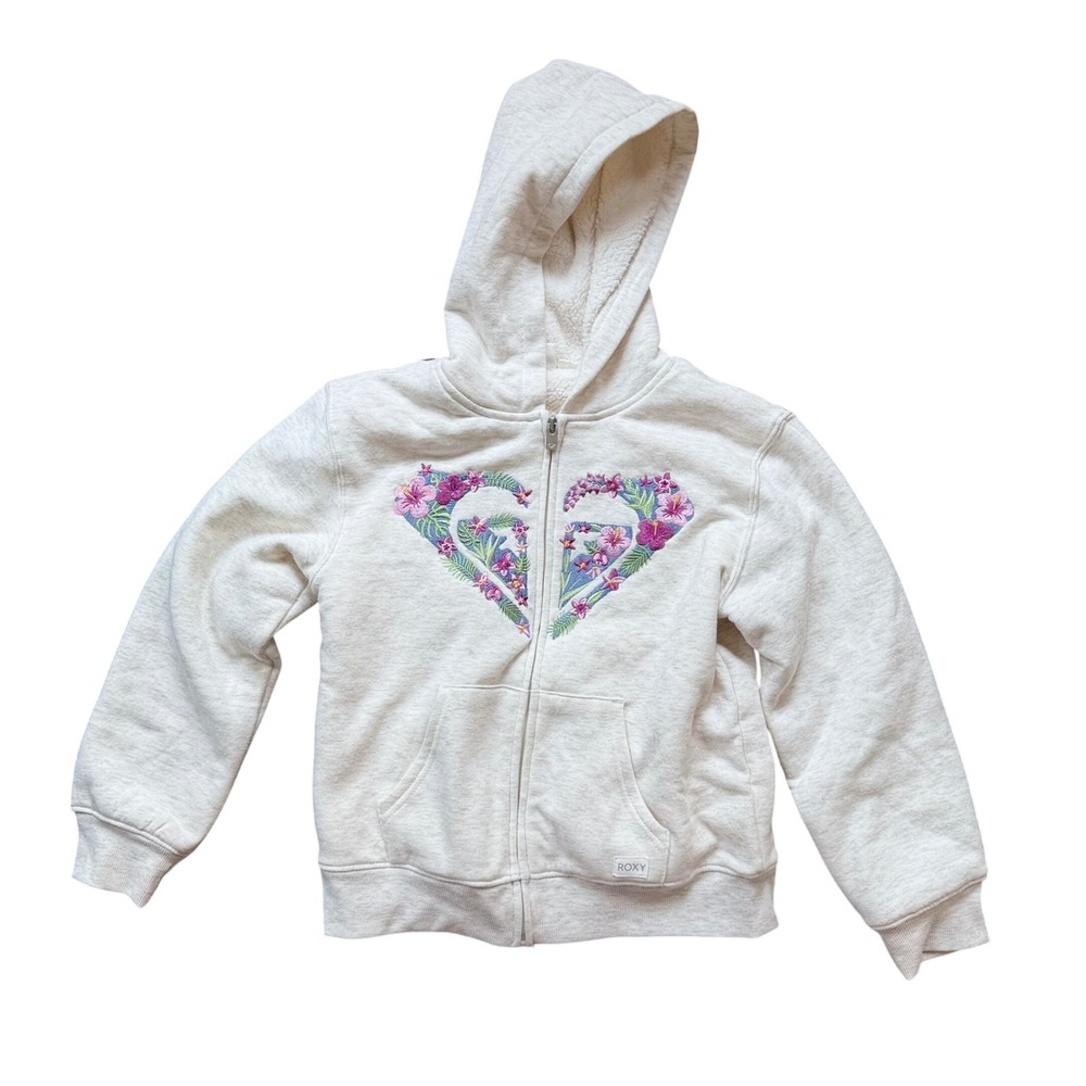 Roxy Hoodie Girls Size M 10/12 Oatmeal Excellent Sherpa Lined Floral Heart Zip